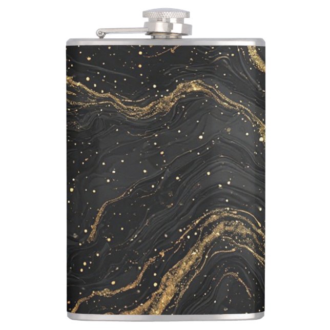 Black Marble Gold Veins Luxury Abstract Flachmann (Vorderseite)