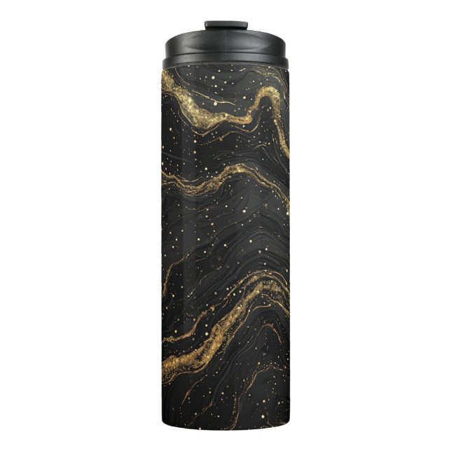 Black Marble Gold Veins Luxury Abstract Thermosbecher (Vorderseite)