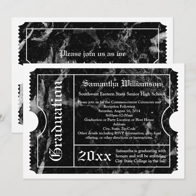 Black Marble Modern Abschluss Ticket Einladung (Vorne/Hinten)