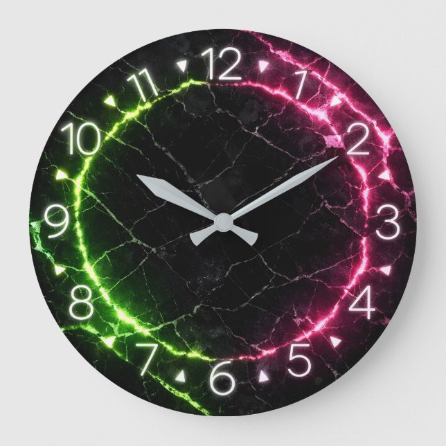 Black Marble Neon Clock Design Große Wanduhr (Vorderseite)