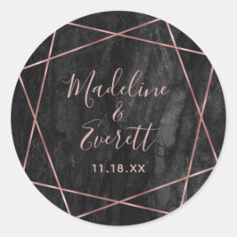 Black Marble Rose Gold Lines Geo Monogram Wedding Runder Aufkleber