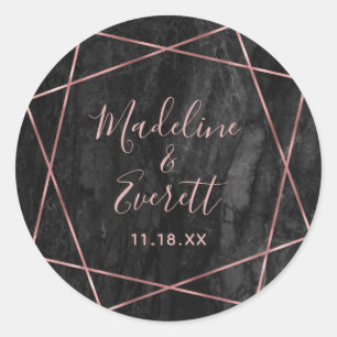 Black Marble Rose Gold Lines Geo Monogram Wedding Runder Aufkleber