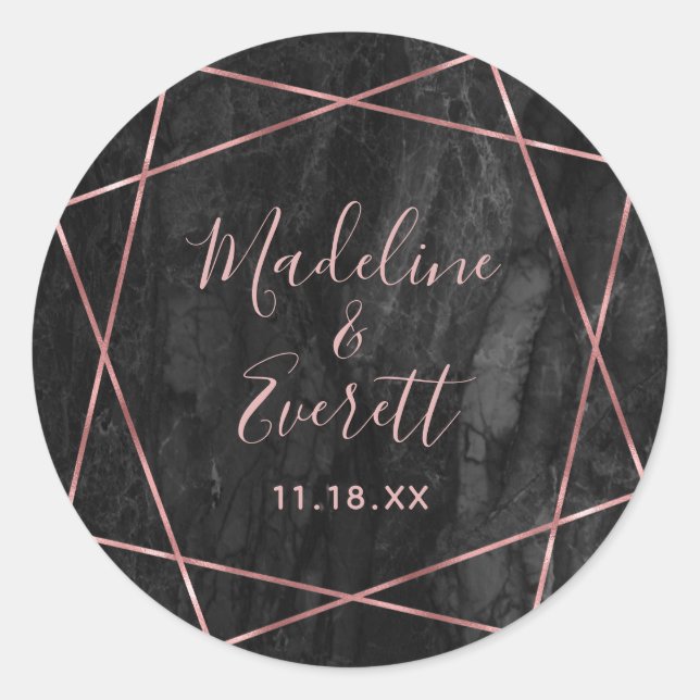 Black Marble Rose Gold Lines Geo Monogram Wedding Runder Aufkleber (Vorderseite)