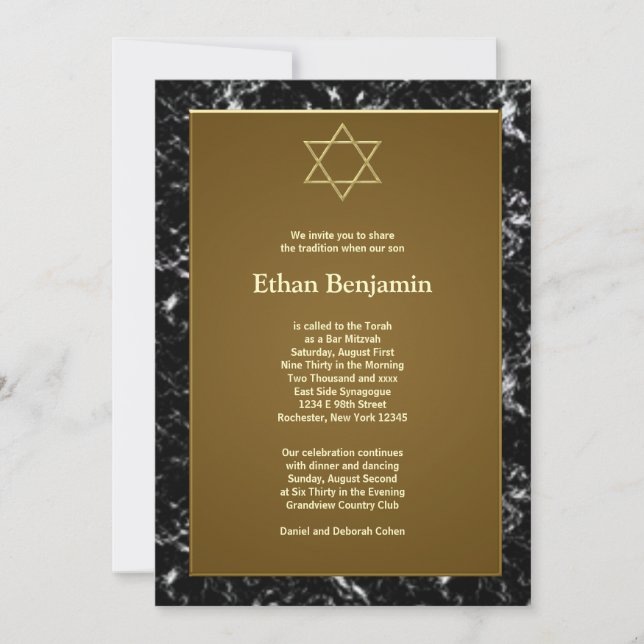 Black Marble Star von David Bar Mitzvah Einladung (Vorderseite)