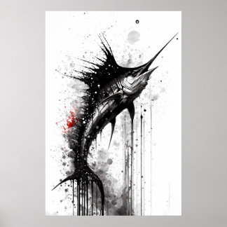 Black Marlin Ink Painting Poster