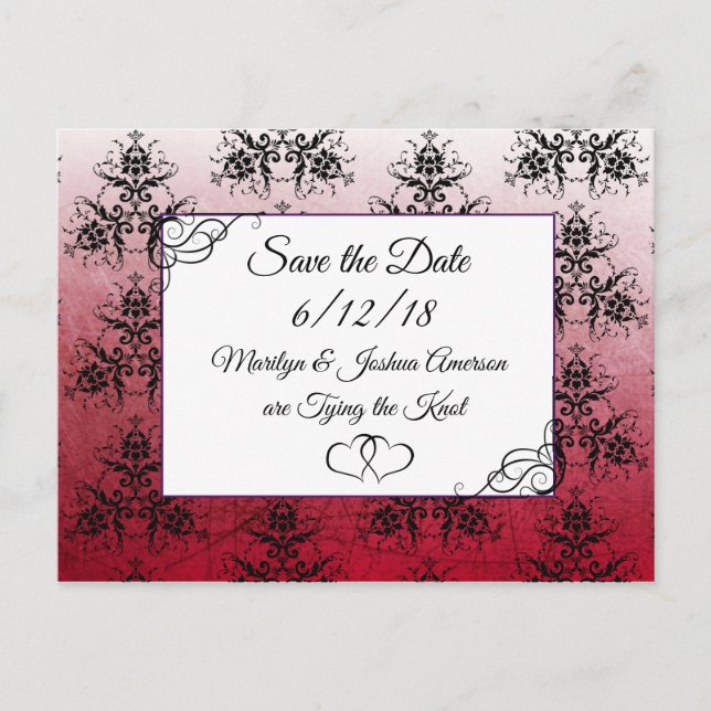 Black Maroon Damask Hochzeit Save the Date Postkar Postkarte (Vorderseite)