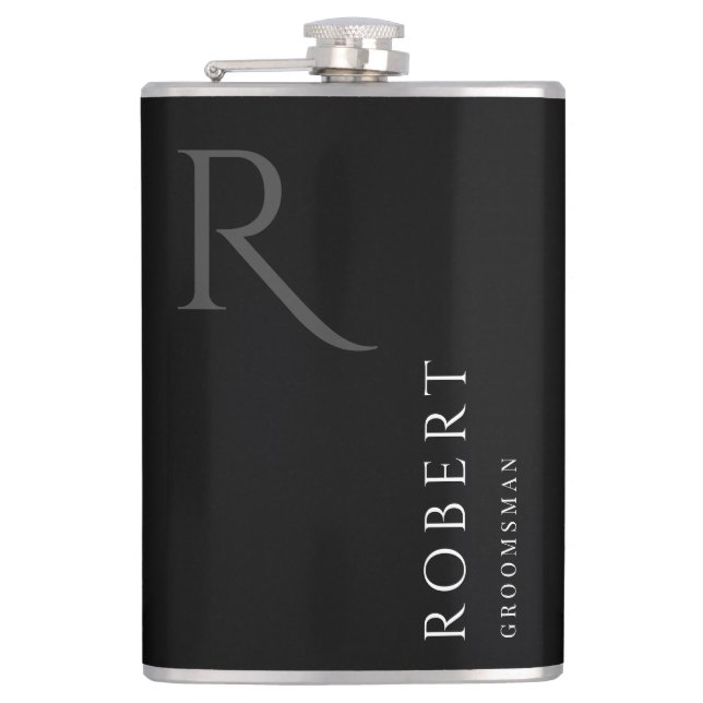 Black Masculine Monogram Trauzeugen Gift Flachmann (Vorderseite)