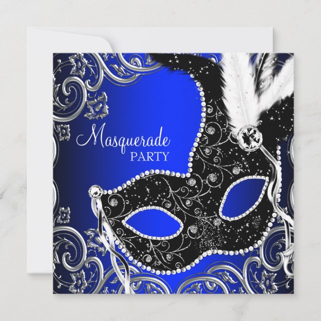 Black Mask Royal Blue Masquerade Party Einladung (Vorderseite)