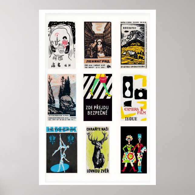 Black Matchbox Labels Grid Print, Vintage Ephemera Poster (Vorne)