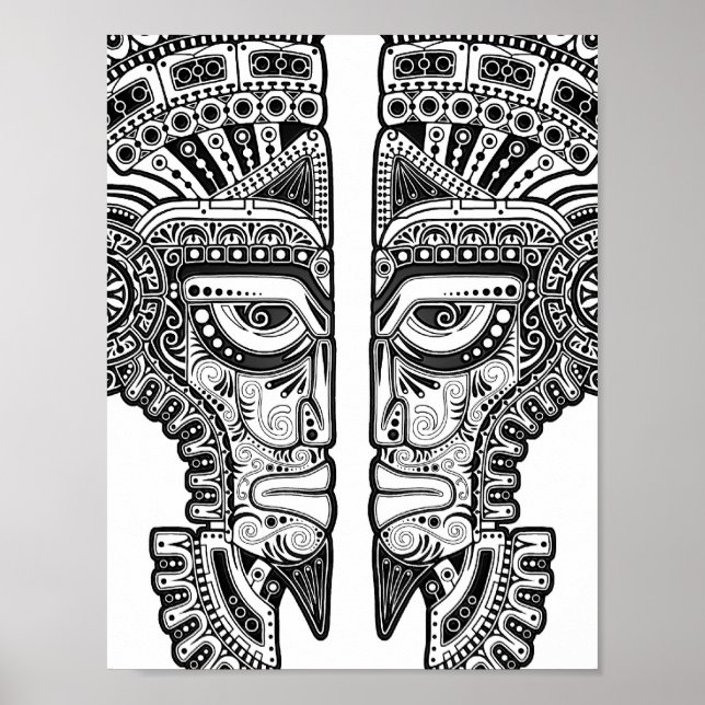 Black Mayan Twins Mask on White Poster (Vorne)