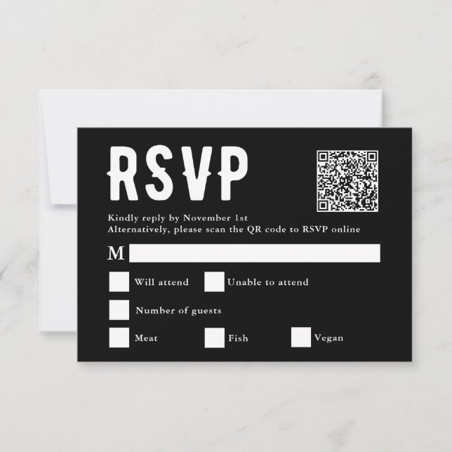 Black Meal Choice Wedding Scan Qr Code RSVP Karte (Vorderseite)