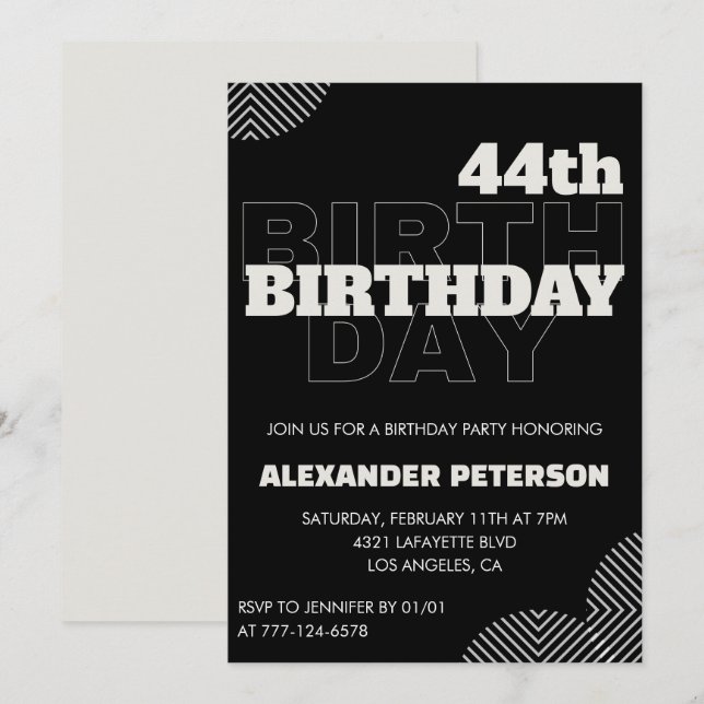 Black Men 44e anniversaire invitations de fête (Devant / Derrière)