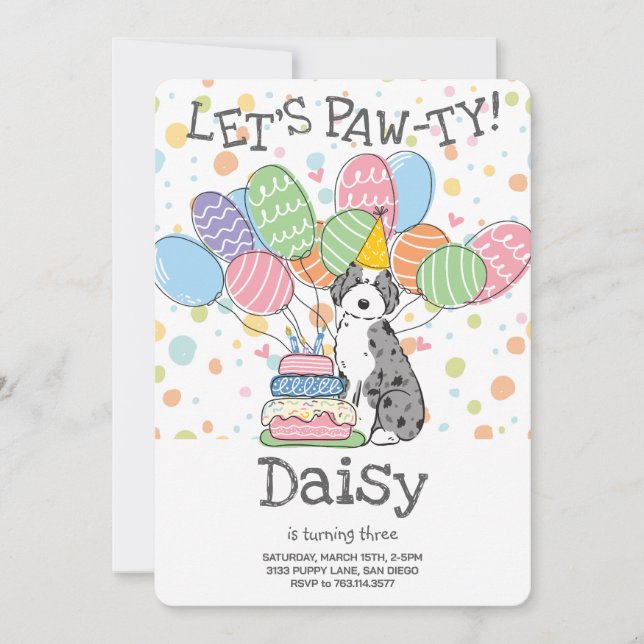 Black Merle Aussiedoodle Geburtstagsparty Einladun Einladung (Vorderseite)