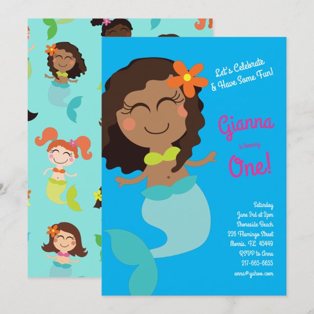 Black Mermaid Birthday Party für Kinder Einladung (Vorne/Hinten)