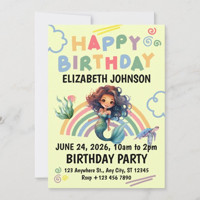 Black Mermaid Birthday Party Invitation in Yellow (Devant)