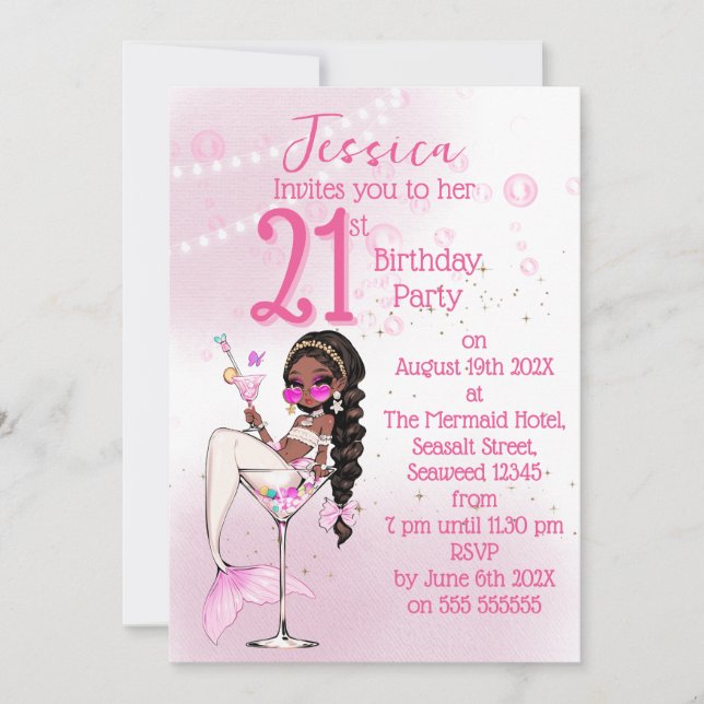 Black Mermaid Cocktail Birthday Party Invitation Einladung (Vorderseite)