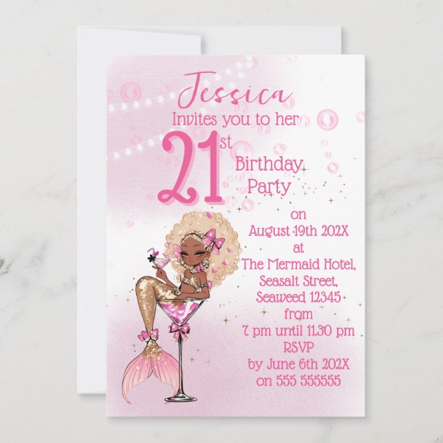 Black Mermaid Cocktail Birthday Party Invitation Einladung (Vorderseite)