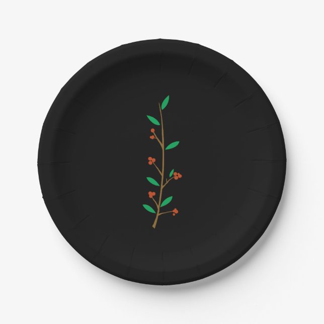 Black Merry Botanical Berry Branch Holiday Party Pappteller (Vorderseite)
