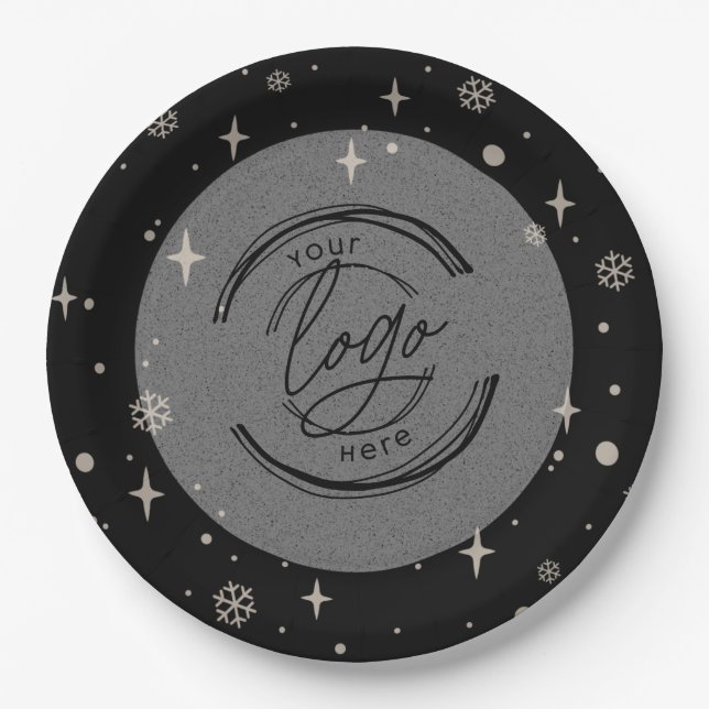 Black Merry Christmas Business Logo Snowflake Pappteller (Vorderseite)