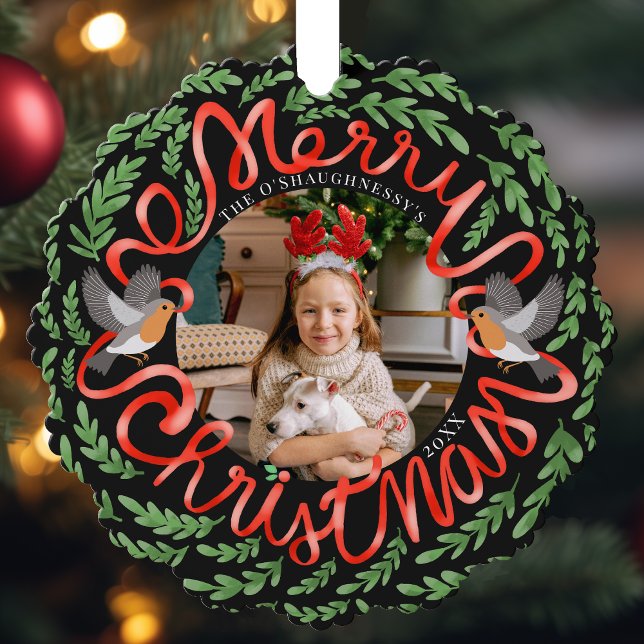 Black Merry Christmas Folk Foliage Wreath Foto Ornament Karte (Von Creator hochgeladen)