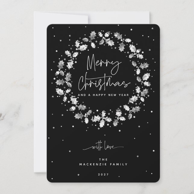 Black Merry Christmas Holly Wreath Feiertagskarte (Vorderseite)
