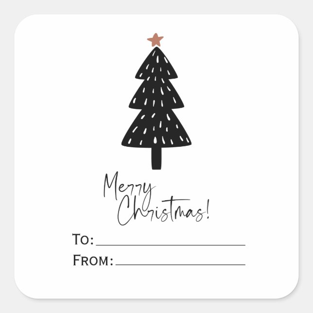 Black Merry Christmas Tree Gold Star Quadratischer Aufkleber (Vorderseite)