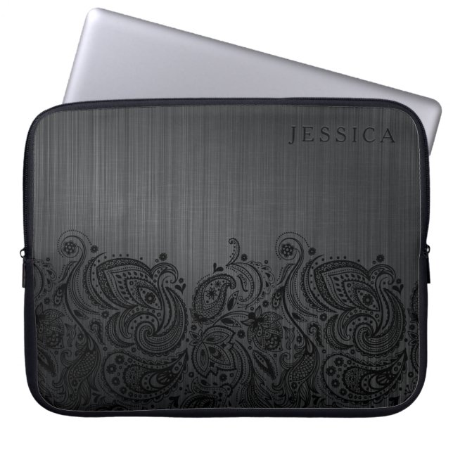 Black Metallic Background & Black Paisley Lace Laptopschutzhülle (Vorderseite)