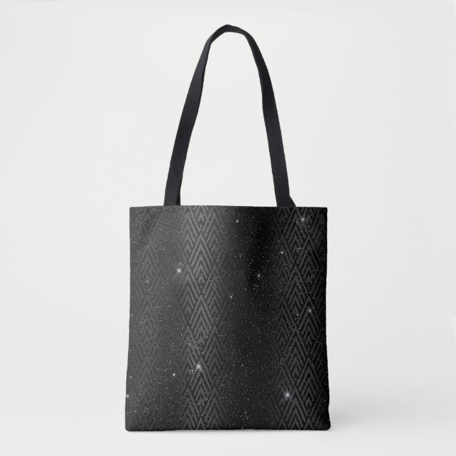 Black Metallic Foil & Glitzer Glam Art Deco Tasche (Vorderseite)