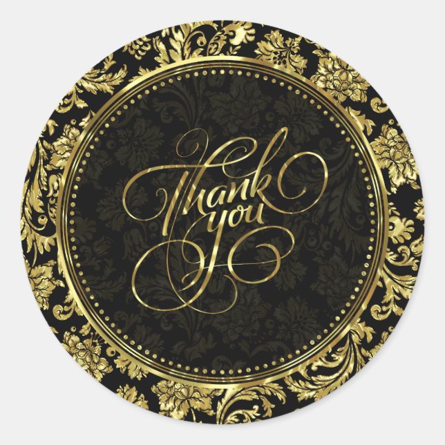 Black & Metallic Gold Floral Damasks Danke 2a Runder Aufkleber (Vorderseite)