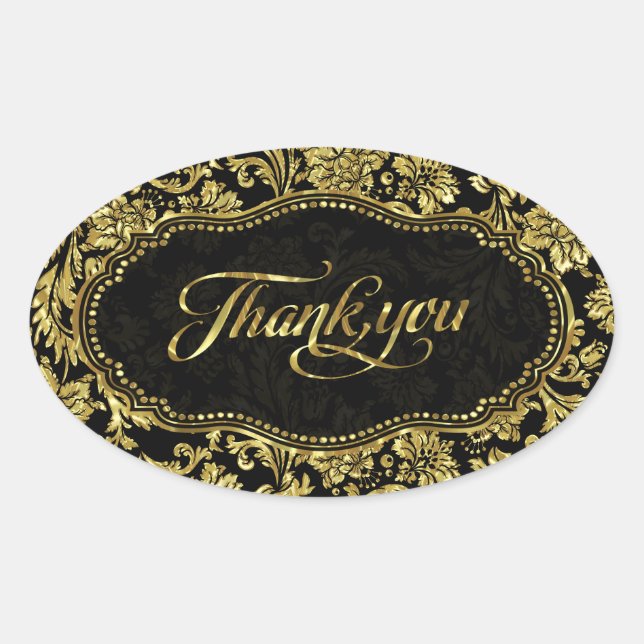 Black & Metallic Gold Floral Damasks Vielen Dank Ovaler Aufkleber (Vorderseite)