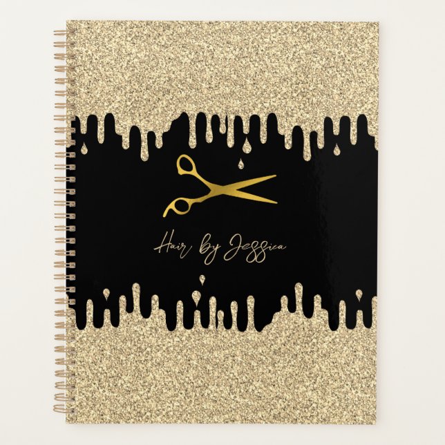 Black & Metallic Gold Tropfen Friseur Salon Termin Planer (Vorderseite)