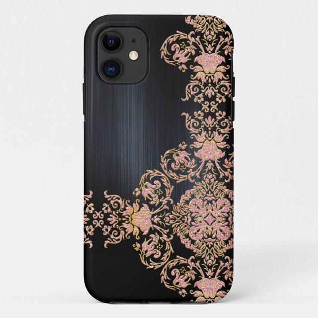 Black Metallic Pink Glitzer Damask Case-Mate iPhone Hülle (Rückseite)