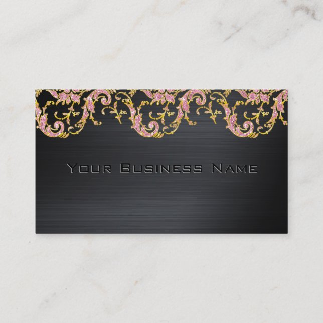 Black Metallic Pink Glitzer Damask Corporate Visitenkarte (Vorderseite)