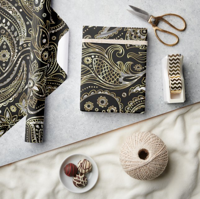 Black & Metallic Silver & Gold Floral Paisley Geschenkpapier (Kunsthandwerk)