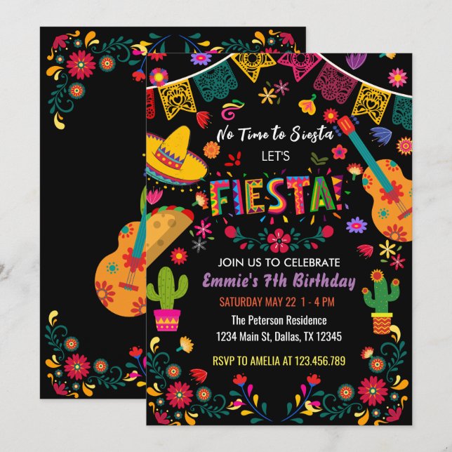 Black Mexican Birthday Party Fiesta, No Siesta Einladung (Vorne/Hinten)