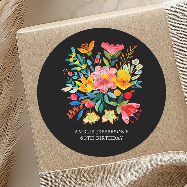 Black Mexican Bright Floral Fiesta Gevor Runder Aufkleber (Von Creator hochgeladen)