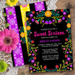 Black Mexican Fiesta Folk Art Floral 16 . Geburtst Einladung<br><div class="desc">Blumenladen 16 . Geburtstag Einladung für die 16. Geburtstagsfeier Ihrer Tochter. Dieses hübsche Thema zeigt helle und farbenfrohe mexikanische Folklorekunst-Blume in Rot, Rosa, lila und Gelb auf schwarzem Hintergrund. Die Rückseite der Karte hat mexikanische Fiesta, florale Papel Picado in hellen lila, gelb und rosa. Die Vorlage ist für Sie bereit,...</div>