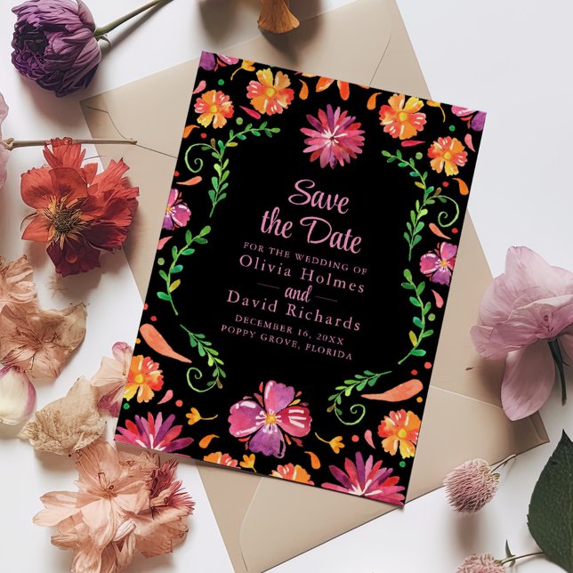 Black Mexican Floral Fiesta Save the Date Einladung (Black Mexican Floral Fiesta Save the Date Invitation on a wedding table with colorful flowers.)
