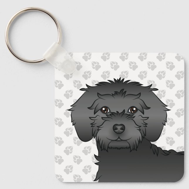 Black Mini Goldendoodle Cartoon Dog & Name Schlüsselanhänger (Vorderseite)