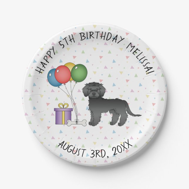 Black Mini Goldendoodle Niedlicher Cartoon Hund Ge Pappteller (Vorderseite)