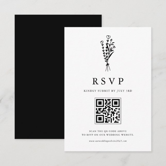Black Minimailist Bouquet QR Code Wedding RSVP Karte (Vorne/Hinten)