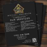 Black Minimal Zuhause Gebäude Construction QR Code Flyer<br><div class="desc">Ein einfacher und minimalistischer Business Flyer beinhaltet Ihren Namen, Ihren Titel, die Services und einen QR Code. Diese luxuriösen, ästhetischen Business-Flyer sind ein aufmerksames und modernes Design und präsentieren ein edles High-End-Ambiente. Ideal für private oder kommerzielle Auftragnehmer verschiedener Bereiche. Die Vorderseite der Imitate ist mit weißen Textfarben und einer goldenen...</div>