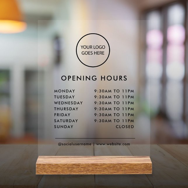 Black Minimalist Business Logo Horaires d'ouvertur (Black Minimalist Business Logo Opening Times Acrylic Sign)