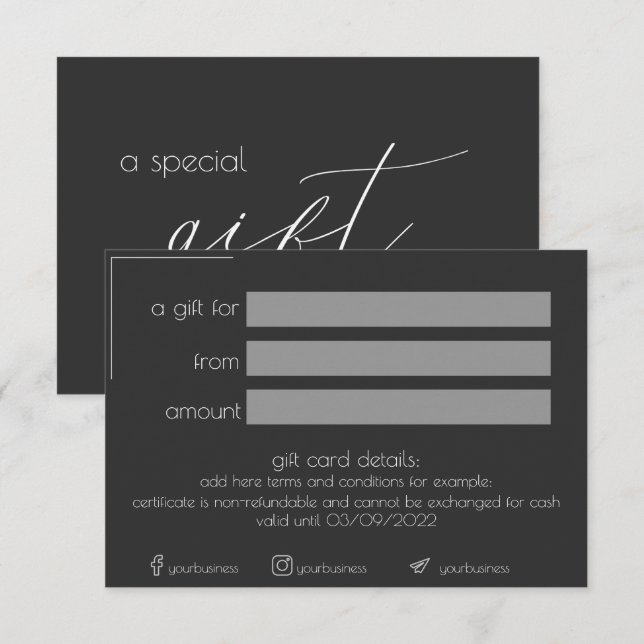 Black Minimalistic Business Geschenkgutschein (Vorne/Hinten)