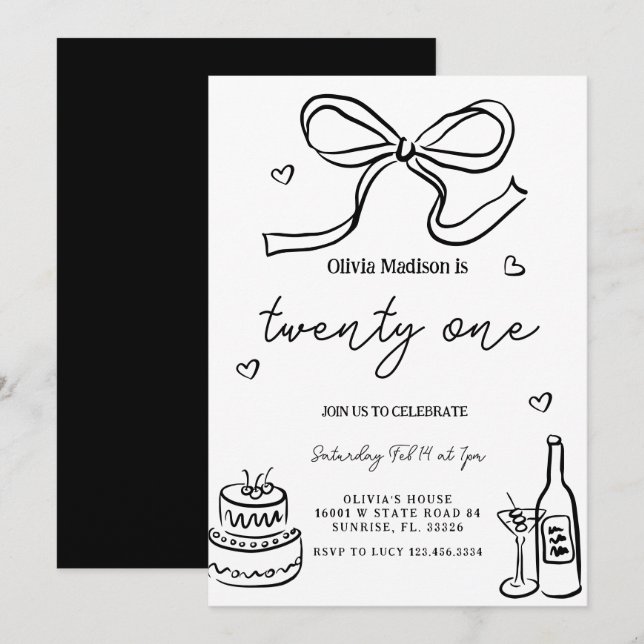 Black Minimalistisch 21. Geburtstag Party Einladung (Vorne/Hinten)