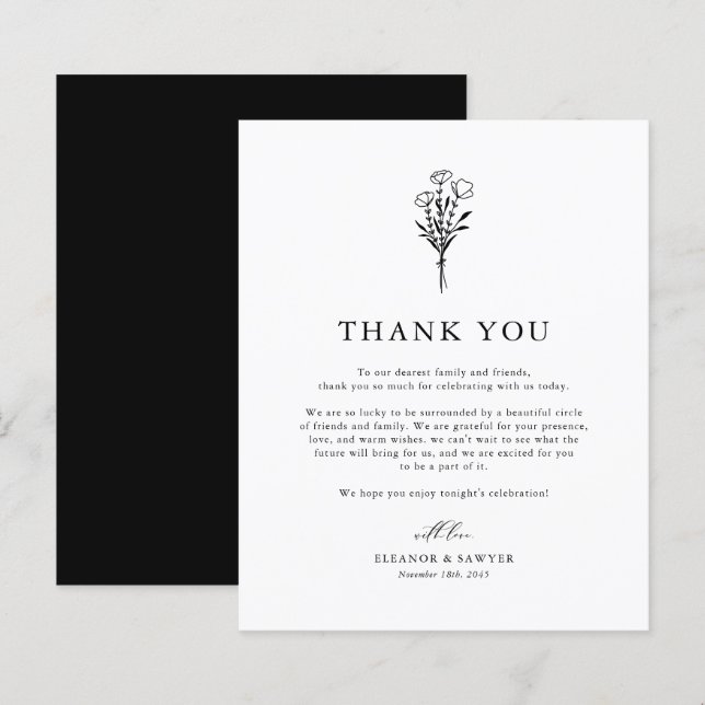 Black Minimalistisch Botanicals Wedding Vielen Dan (Vorne/Hinten)