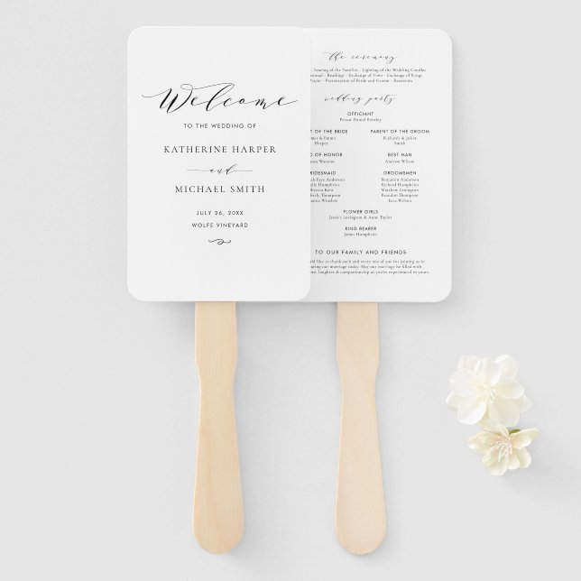 Black Minimalistisch Dainty Script Wedding Program Fächer (Vorne und Hinten)