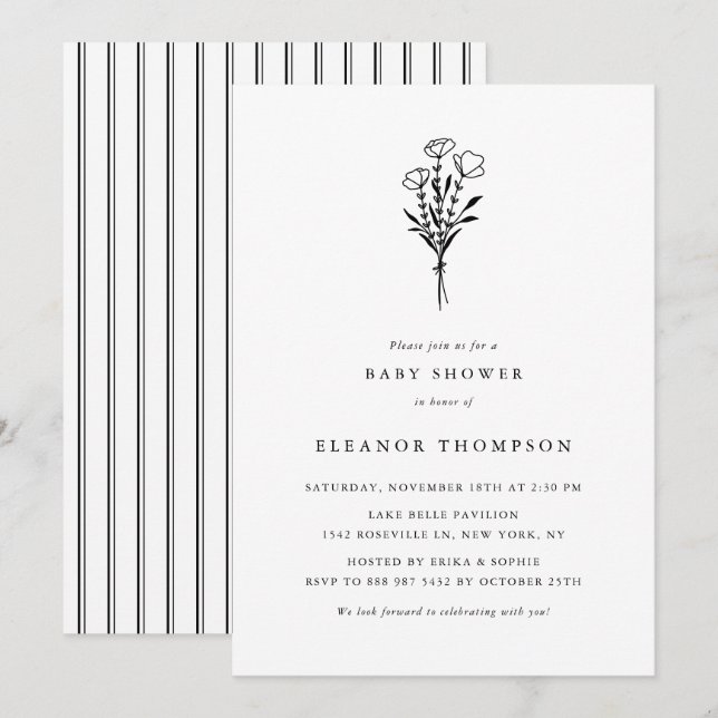 Black Minimalistisch Floral Bouquet Babydusche Einladung (Vorne/Hinten)