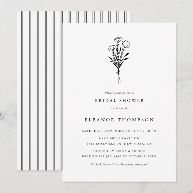 Black Minimalistisch Floral Bouquet Brautparty Einladung (Vorne/Hinten)