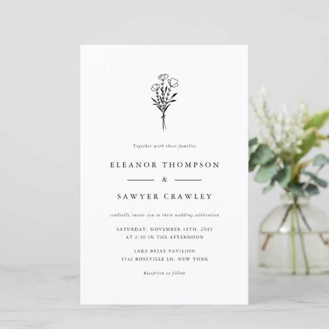 Black Minimalistisch Floral Bouquet Einladung zur  (Stehend Vorderseite)